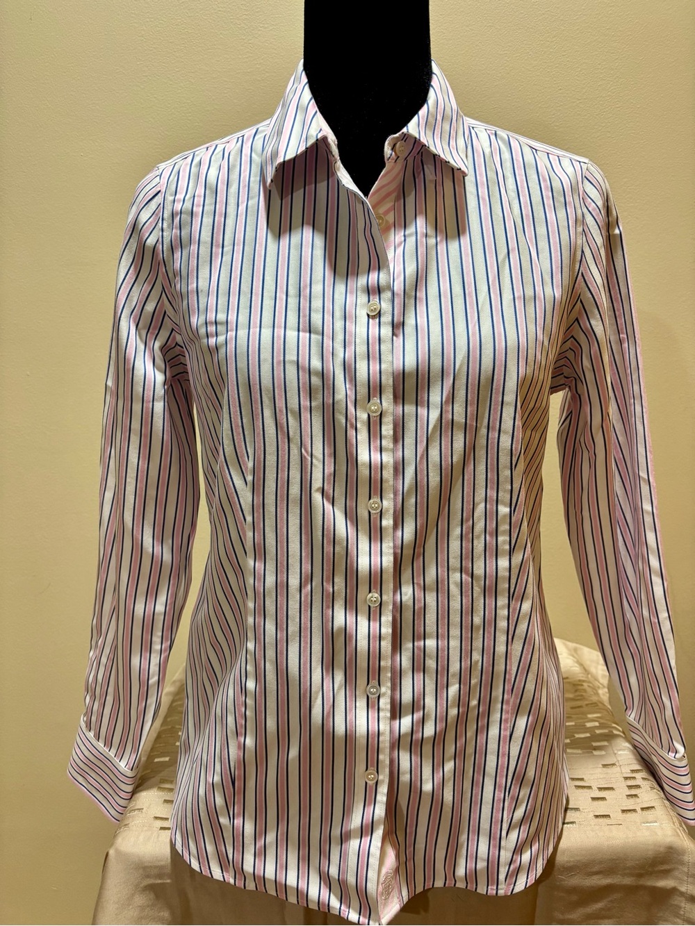 Talbots Pink, Navy & White Vertical Stripe Dress Shirt